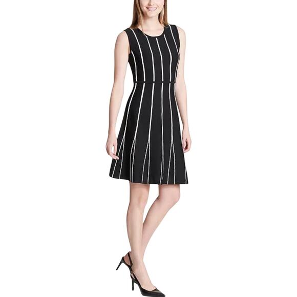 Calvin Klein Navy & White Striped Knit A-Line Sheath Career Dress - Picture 1 of 7